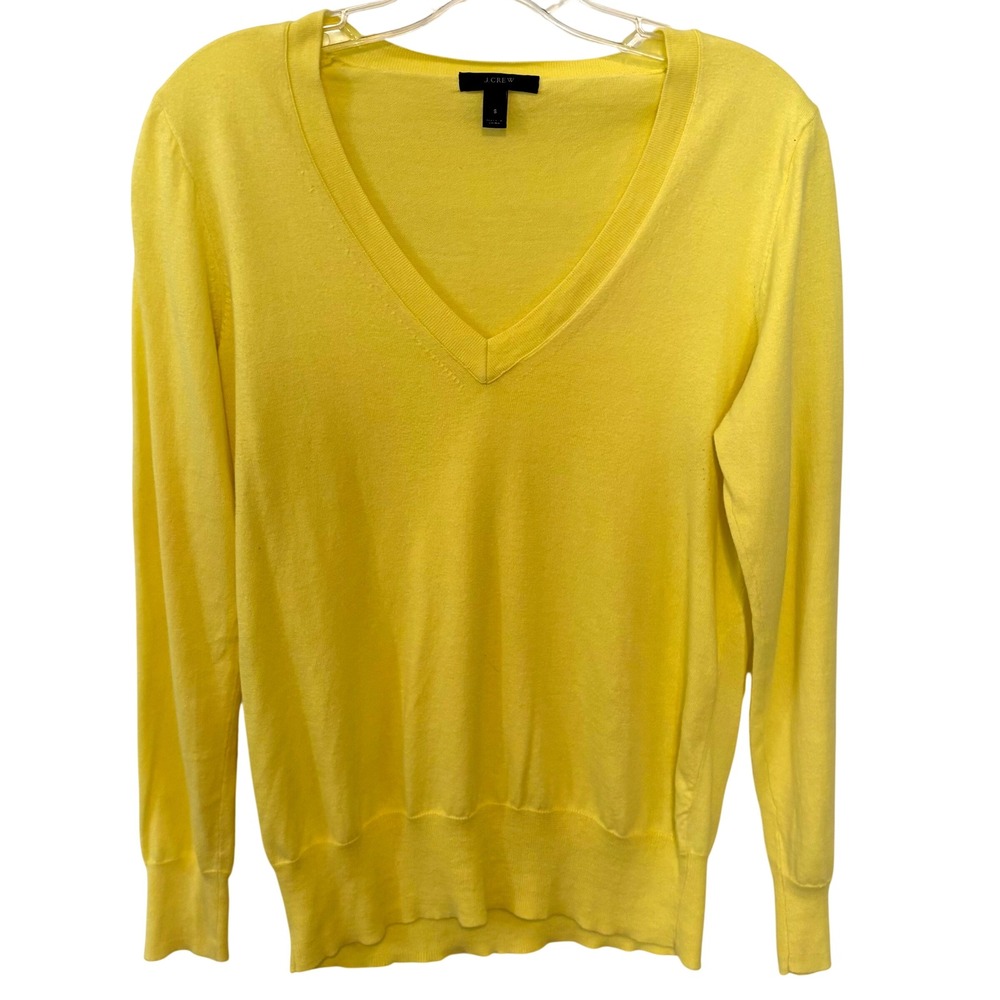 J. Crew Women's Lemon Yellow Cotton V-Neck Sweater in Size S